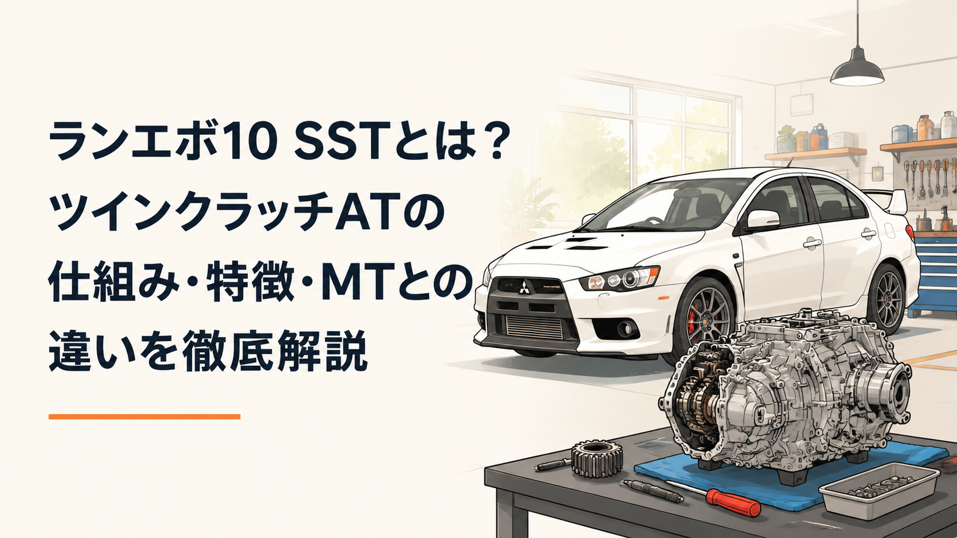 ランサーエボリューションXとTC-SSTミッションをイメージしたスポーツカー整備ガレージ風景