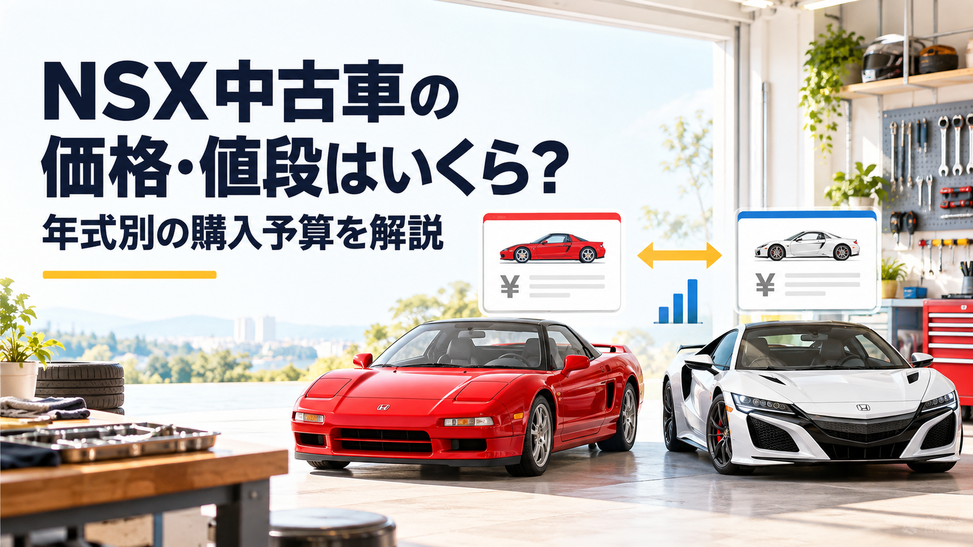 初代と2代目のNSX中古車を並べて掲載価格と購入予算を比較する場面