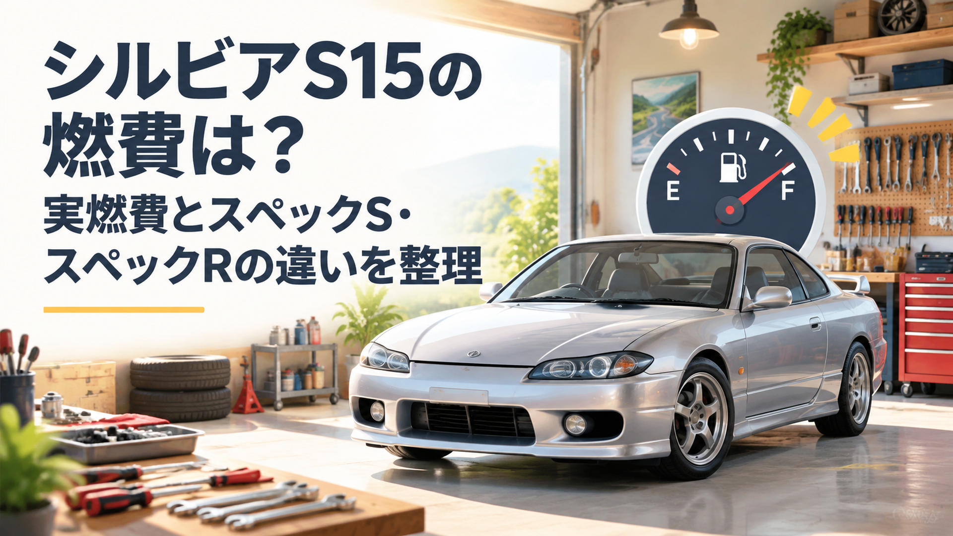 日産シルビアS15をイメージしたFRスポーツクーペと燃料計を配置した明るいDIYガレージ