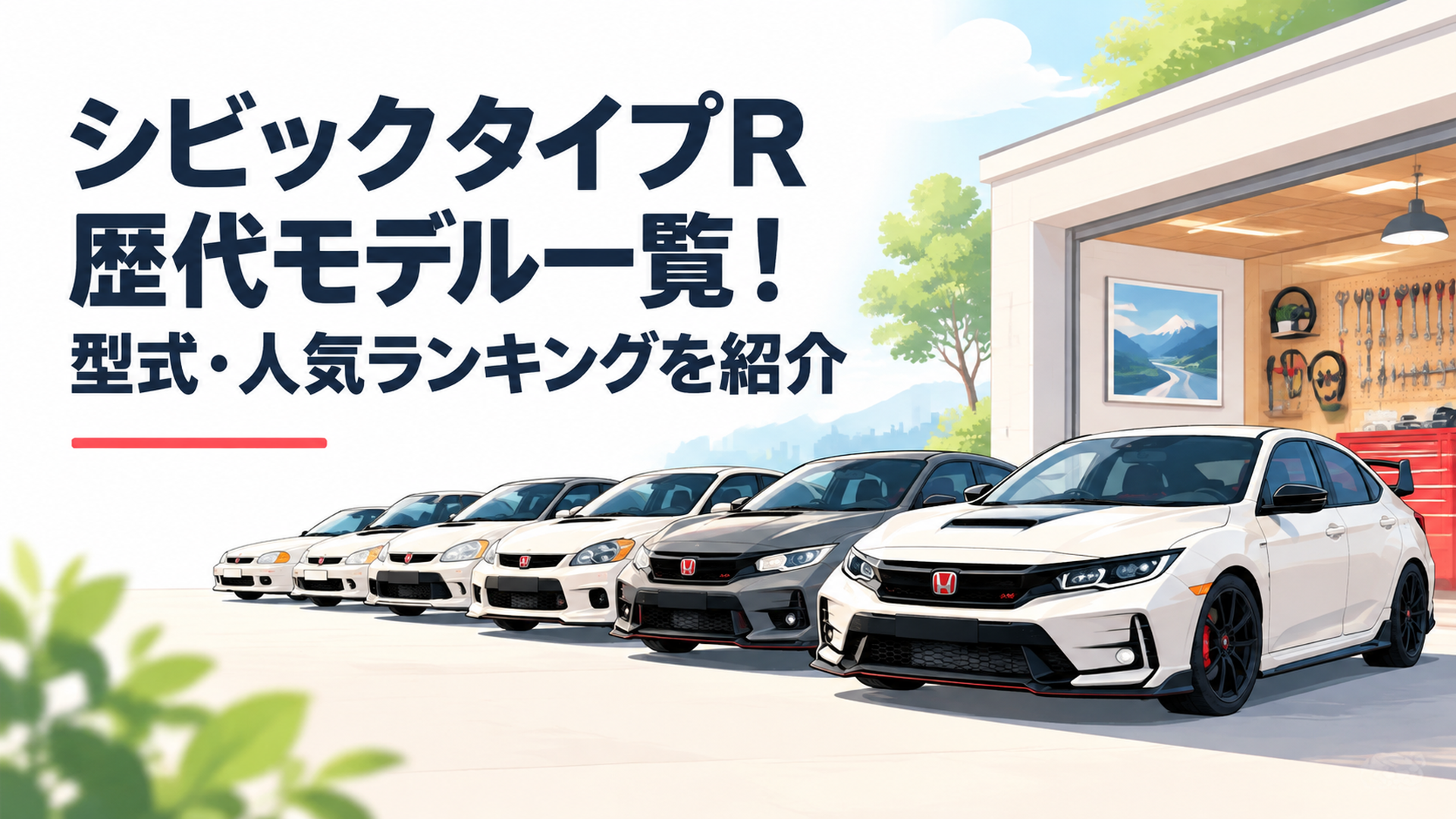 EK9型からFL5型まで歴代シビックタイプRが並ぶスポーツカーのイメージ