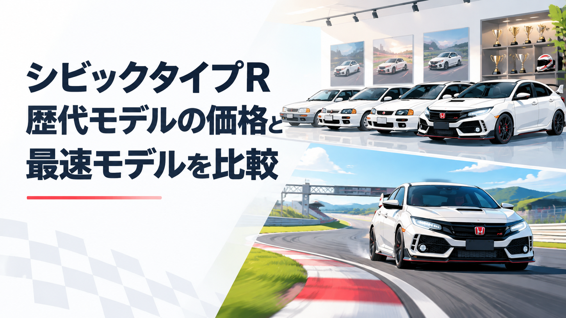 歴代シビックタイプRが並ぶスポーツカー展示とサーキット走行をイメージしたシーン