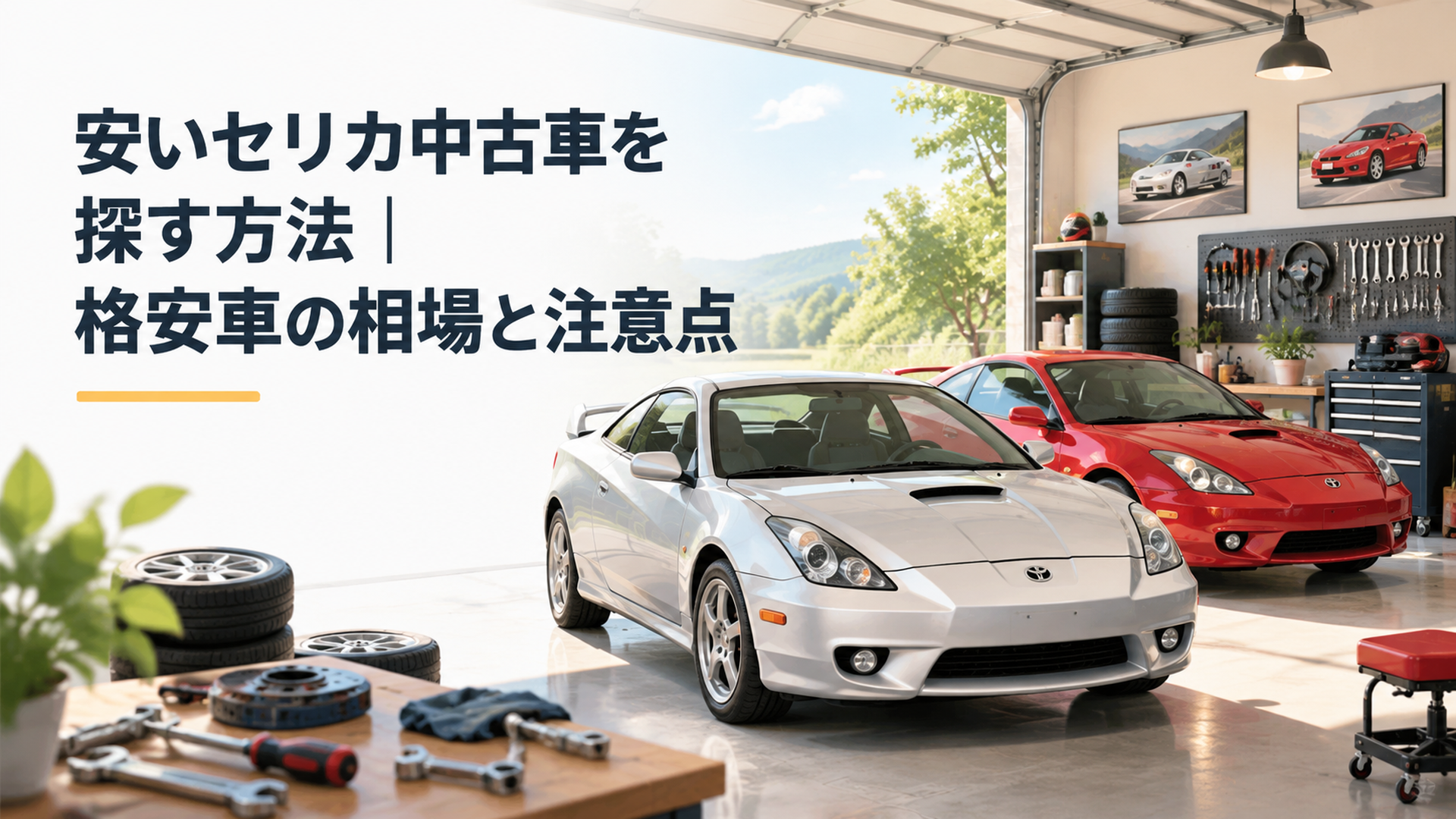7代目トヨタセリカZZT230とZZT231の中古車をガレージで確認するスポーツカー風景