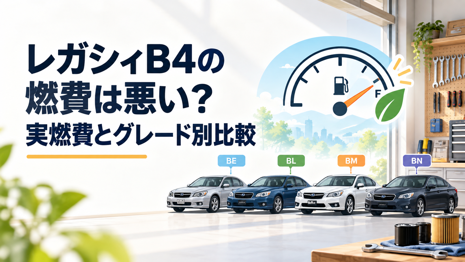 歴代レガシィB4と燃費計を並べてBE・BL・BM・BNの実燃費を比較するイメージ