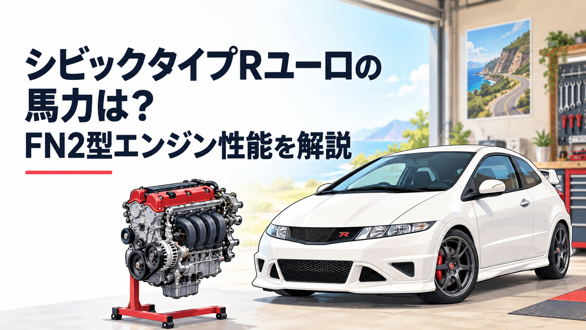 シビックタイプRユーロFN2の3ドアハッチバックとK20A自然吸気エンジンを組み合わせたスポーティなイメージ