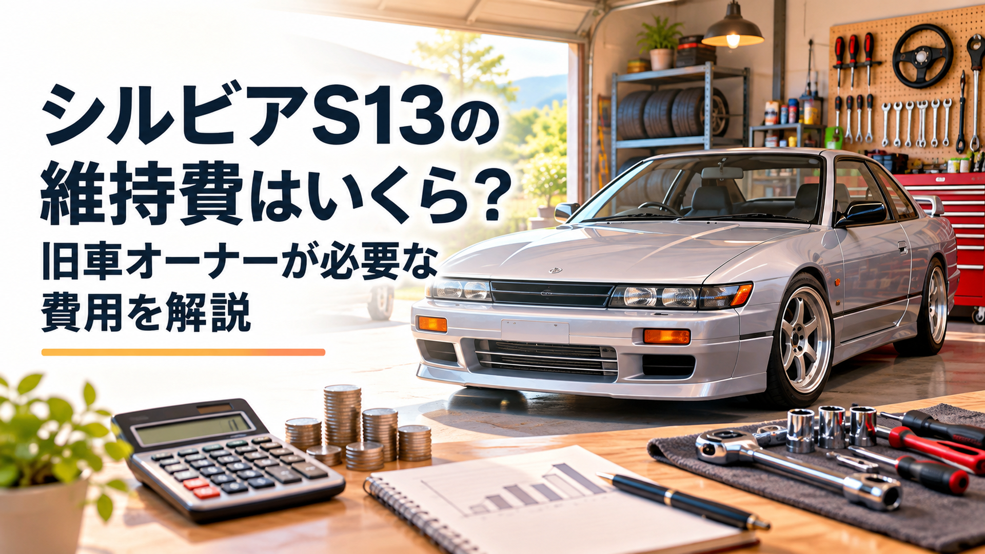 日産シルビアS13と整備工具、旧車ガレージで年間維持費を計算するイメージ