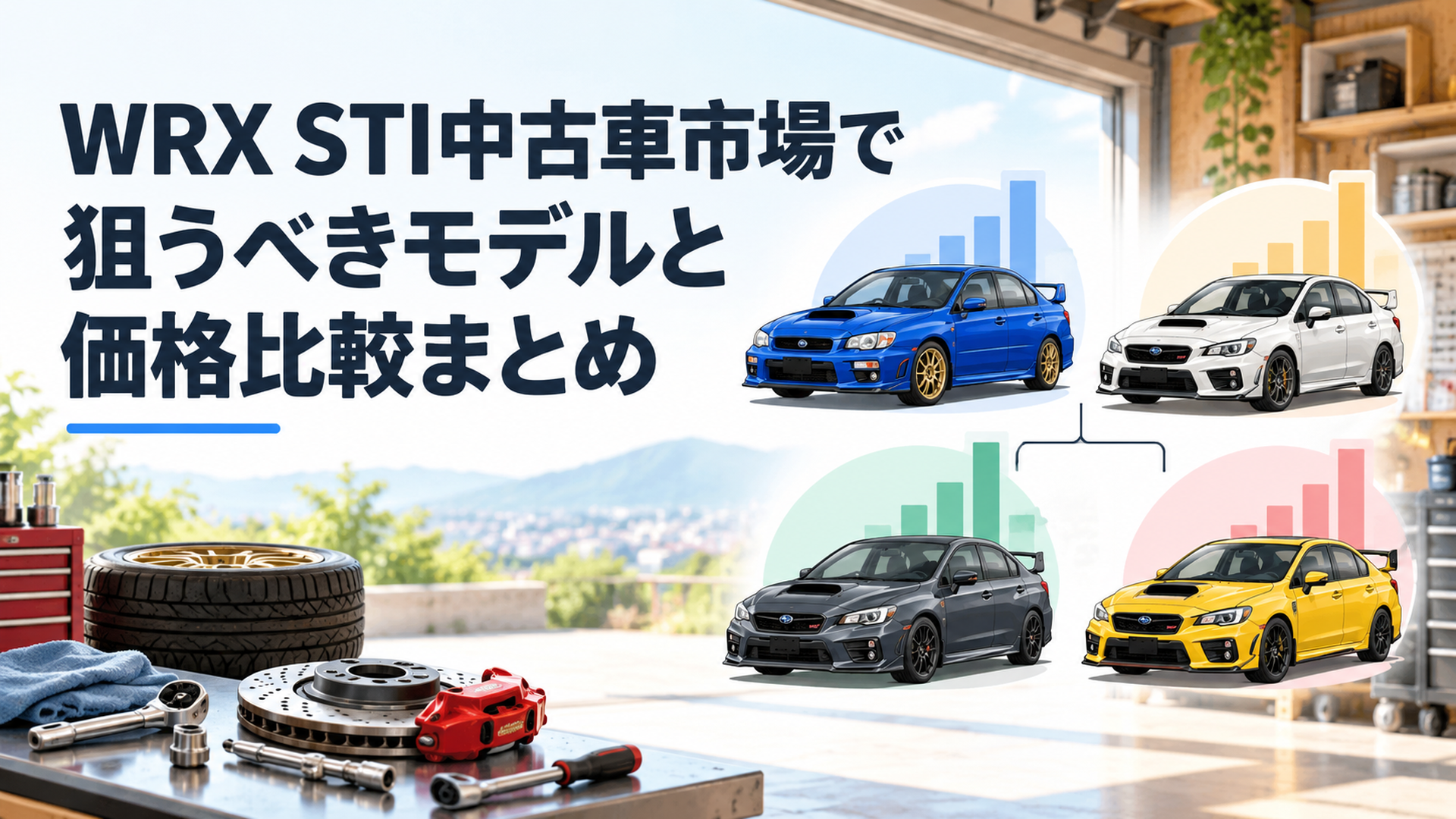 WRX STIの中古車を前期型・後期型・最終F型・限定車に分けて価格帯を比較するイメージ