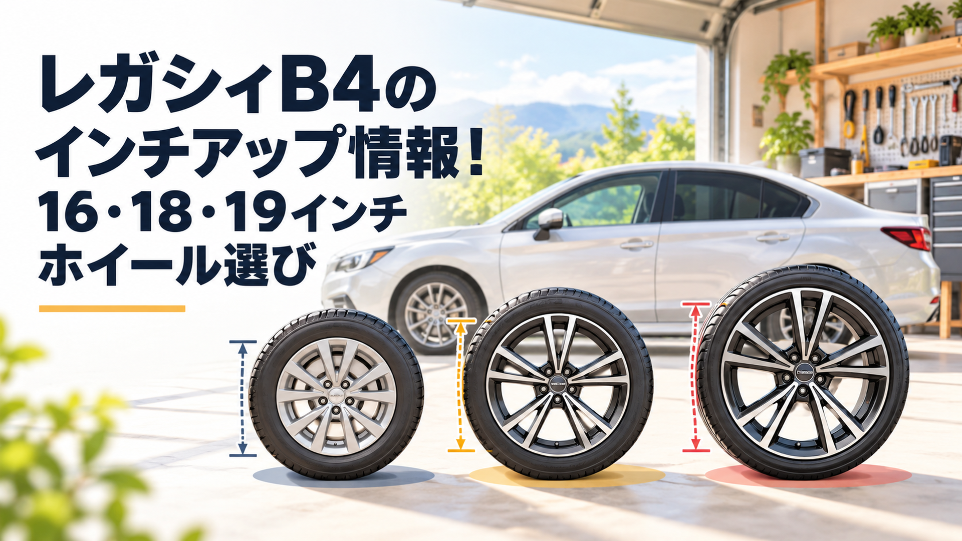 レガシィB4の16インチ・18インチ・19インチホイールを並べてタイヤの厚みとサイズ感を比較するイメージ