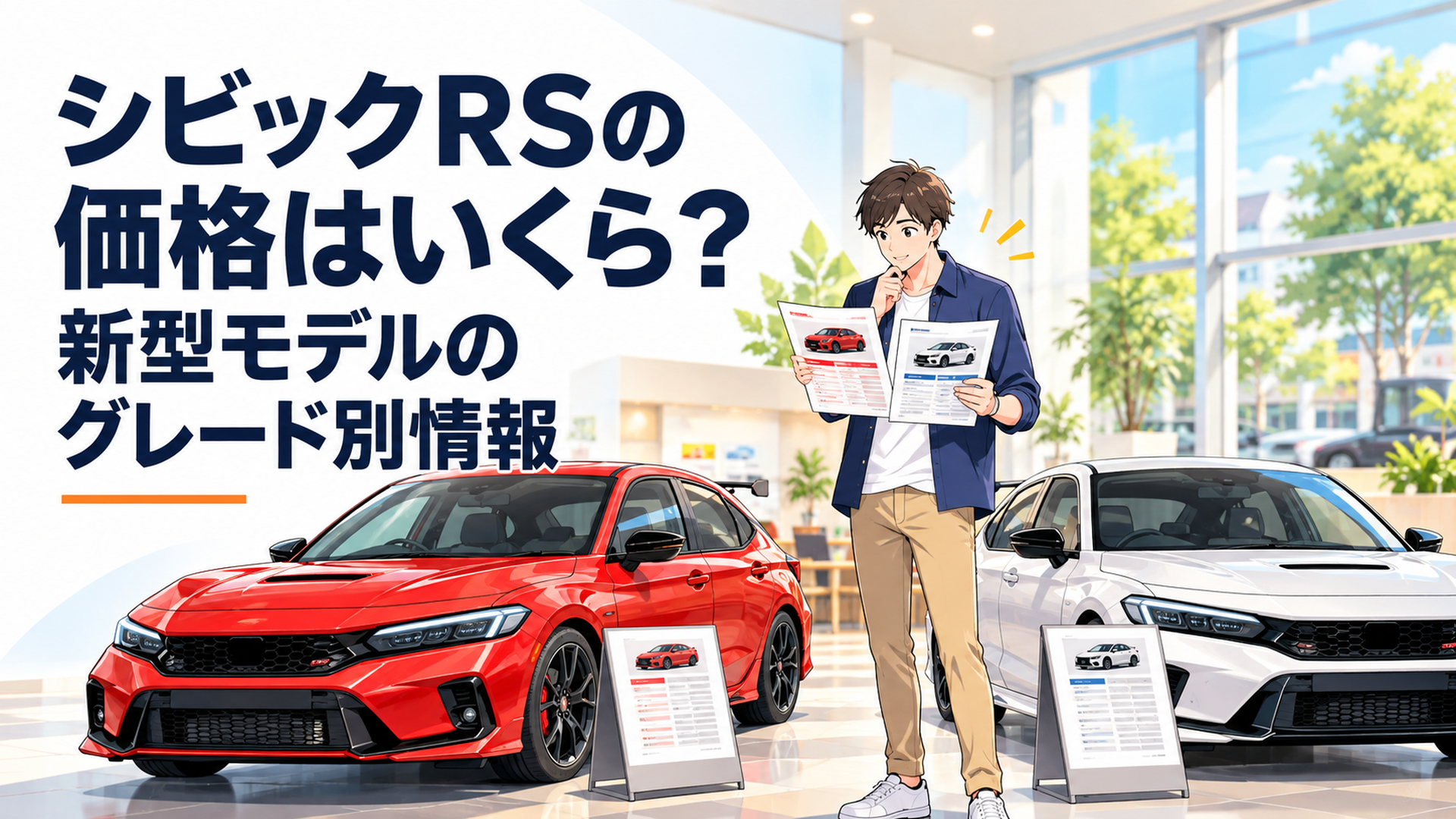 明るい自動車販売店で若い男性が2026年改良型シビックRS風のスポーツハッチバックとe:HEV RS風モデルを見比べ、価格表と見積書を確認している爽やかなアニメ風イラスト