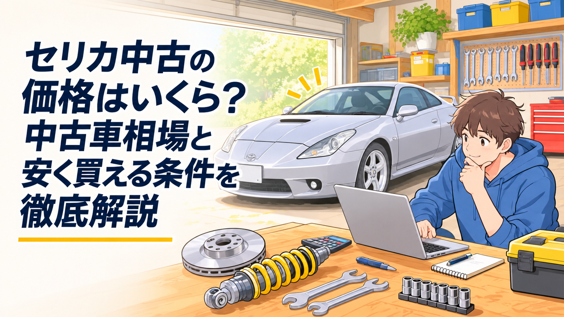 明るいDIYガレージで若い男性DIY愛好家がシルバーの7代目トヨタセリカ風スポーツクーペを前に中古車価格と100万円以下の購入条件を比較している親しみやすいアニメ風イラスト