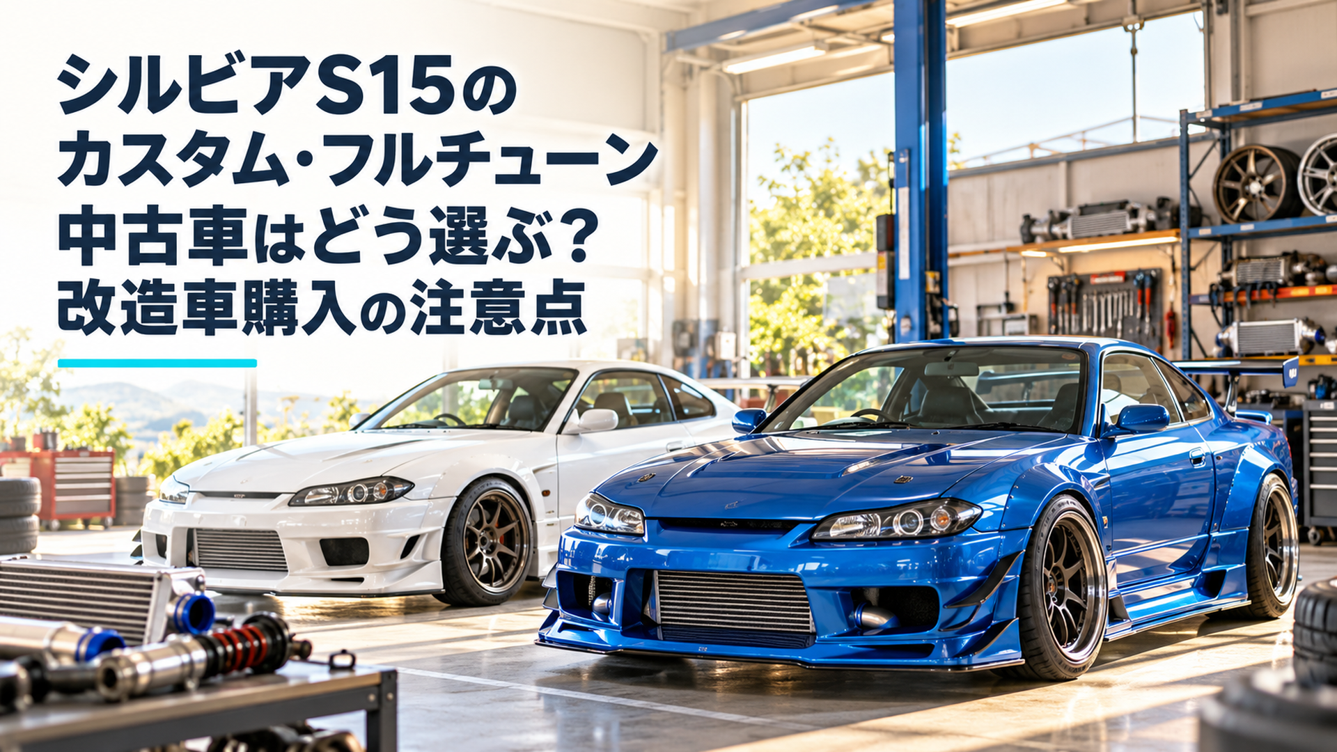 明るく清潔なスポーツカー専門ガレージに並ぶブリリアントブルーとパールホワイトの日産シルビアS15。大型エアロ、ワイドフェンダー、スポーツホイールを装着したカスタム車と本格チューニング車を比較できる構図。自然光が差し込む明るい写真風シーン。人物なし、文字なし
