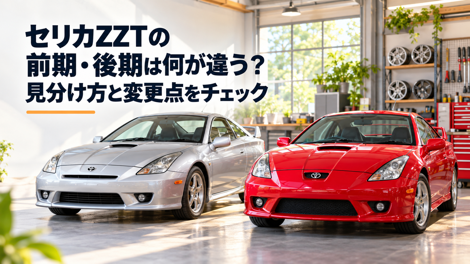 明るく清潔なスポーツカーガレージに並ぶ7代目トヨタ・セリカZZT230・ZZT231の前期型と後期型の比較参考イメージ。左に1999年登場時のシルバーの前期型、右に2002年改良後のレッドの後期型。フロントバンパーの上部開口部やエンブレム周辺の違いが分かる斜め前方からの構図。自然