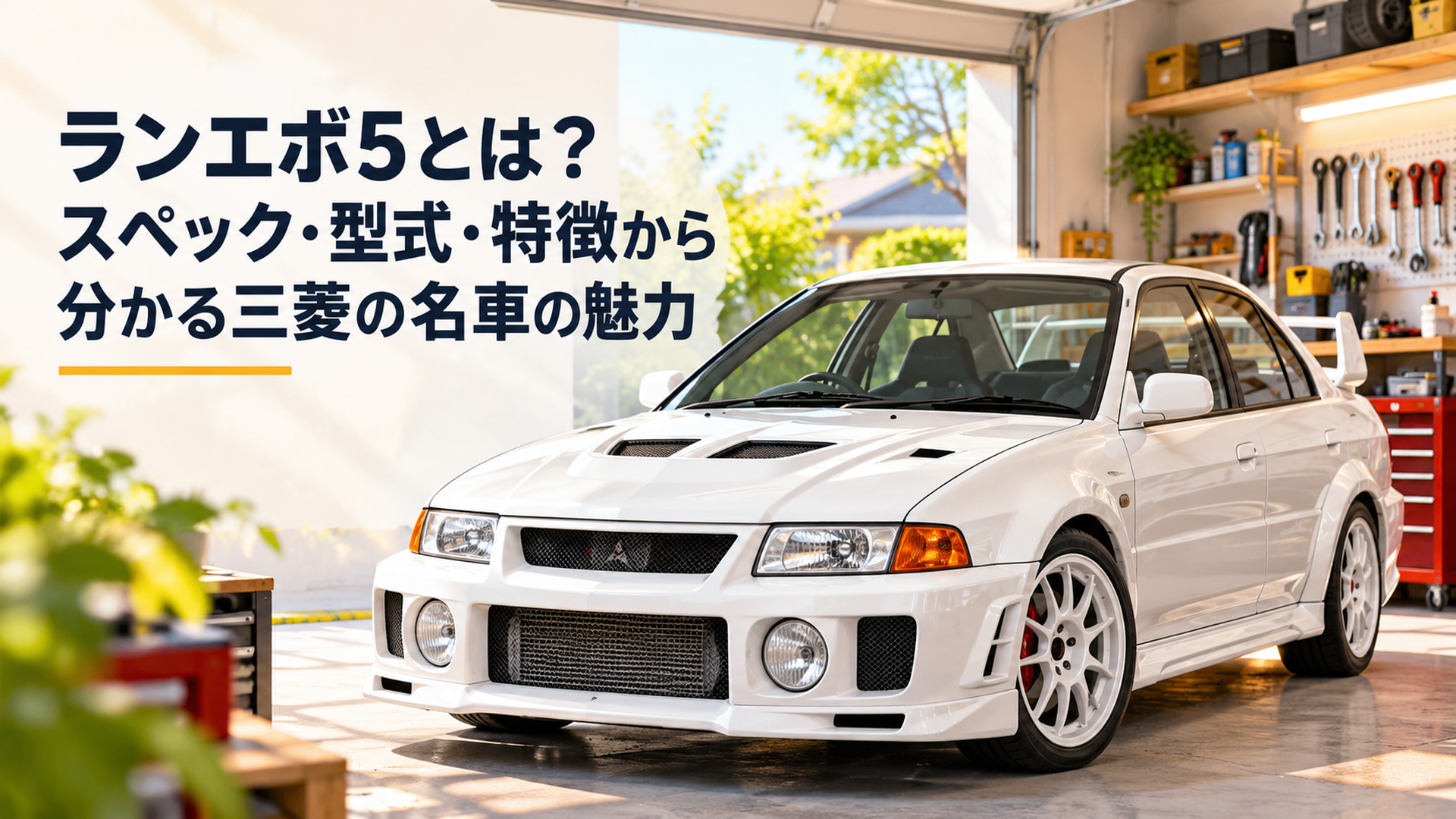 明るい住宅ガレージに停車した1998年式三菱ランサーエボリューションVをイメージしたホワイトの4ドアスポーツセダン。大きく張り出したワイドフェンダー、専用フロントバンパー、ボンネットのエアアウトレット、大型リアウイング、17インチホイールが分かる斜め前方からの高品質写真風イメージ