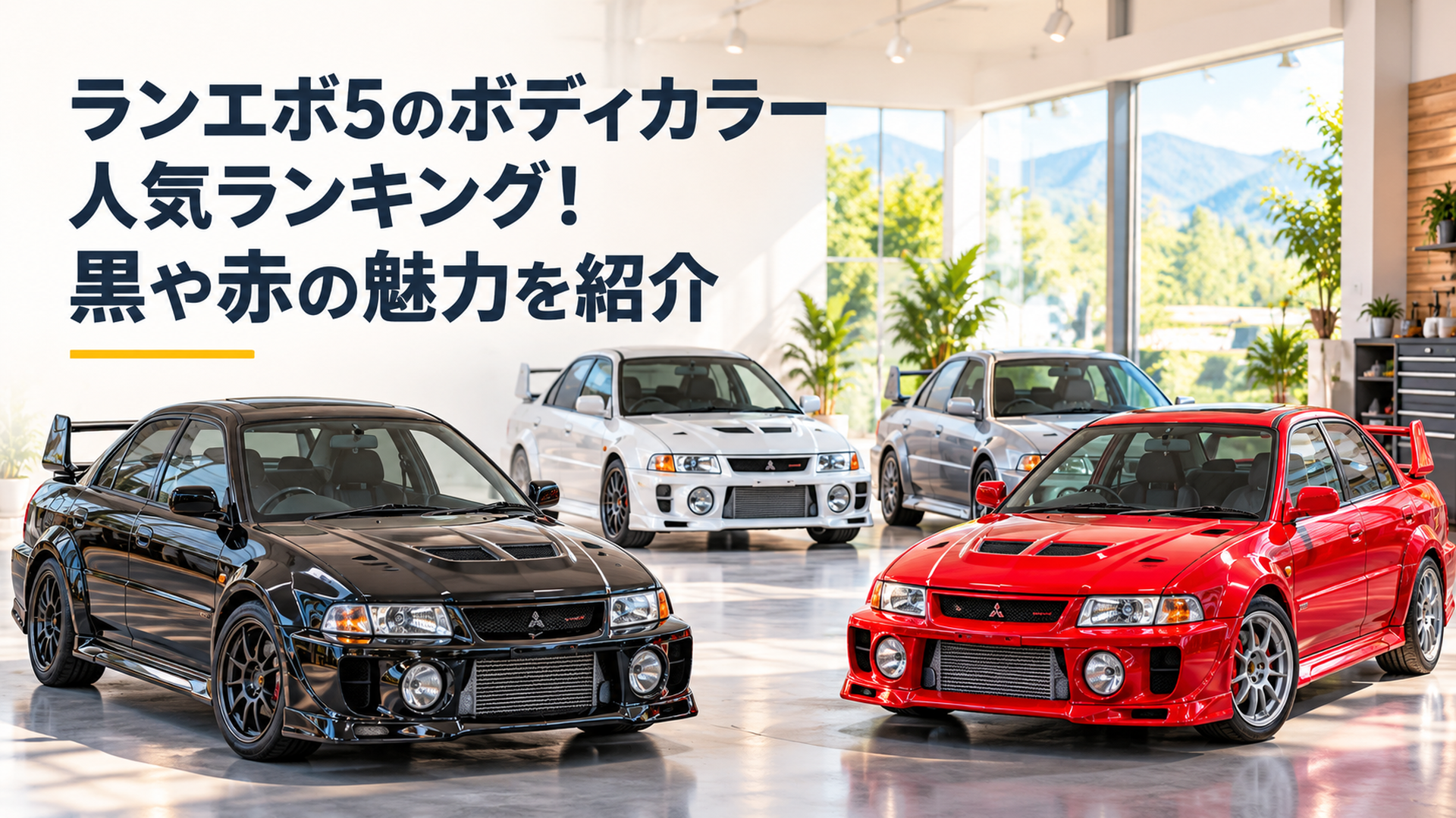 明るい自動車ショールームに白とシルバーのランエボ5風スポーツセダン、黒と赤にカスタム塗装された同型車を並べた高品質写真風イラスト。大型リアウイングとワイドフェンダーの形状を強調。人物なし、文字なし、ロゴなし