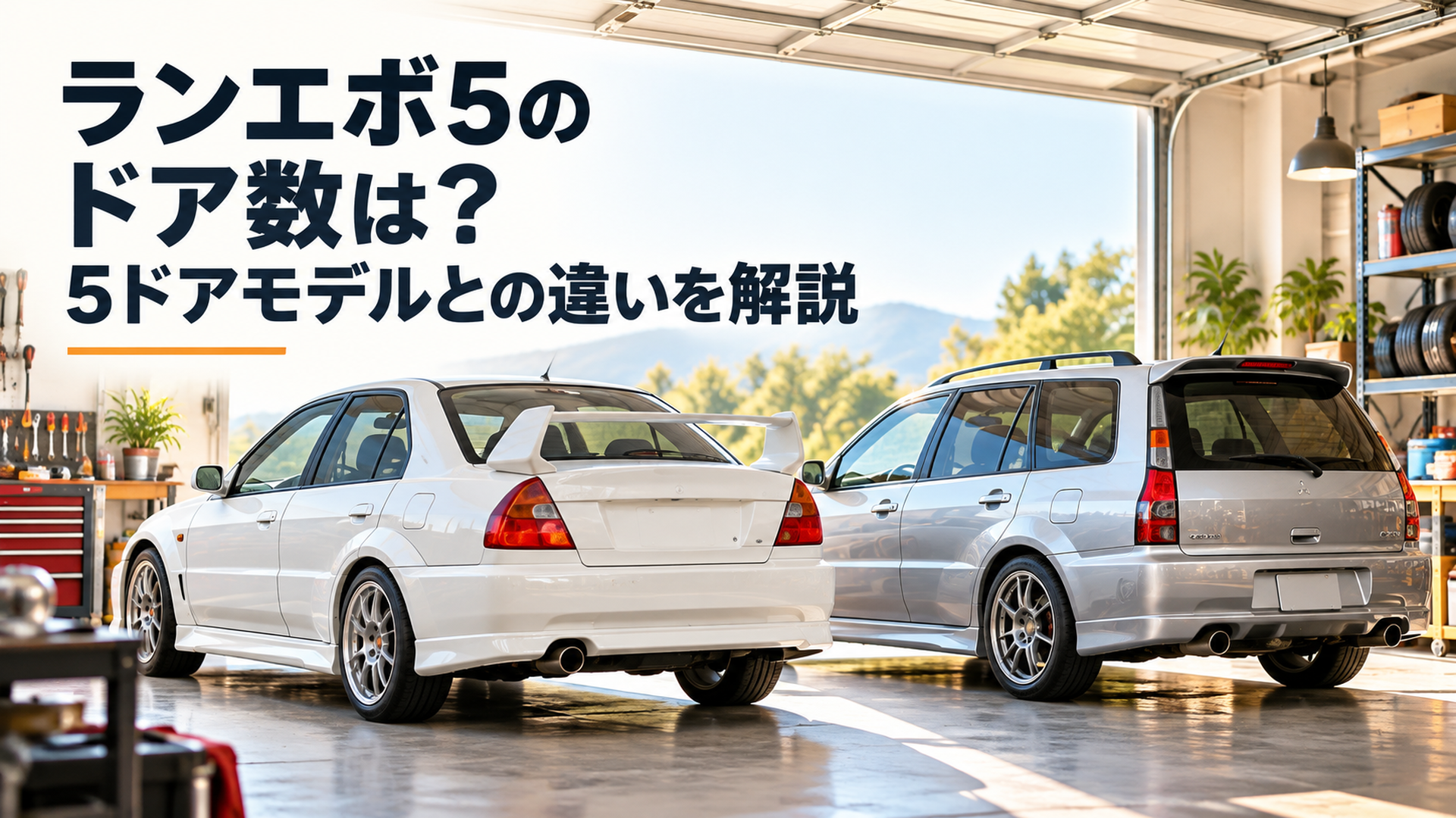 明るいDIYガレージに1998年式ランエボ5をイメージした白い4ドアスポーツセダンと、2005年式ランサーエボリューションワゴンをイメージしたシルバーの5ドアステーションワゴンを並べた高品質写真風イラスト。斜め後方から左右の乗降用ドア、セダンの独立したトランク、ワゴンの大きなバッ