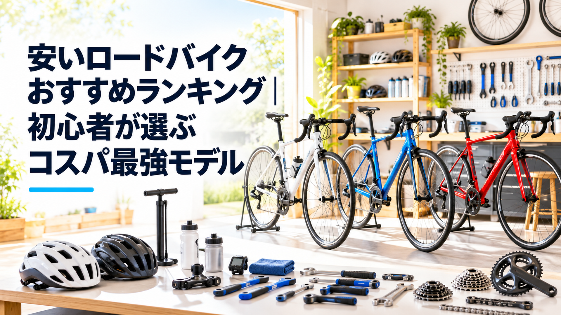明るい自転車DIYガレージに初心者向けのアルミロードバイク3台を並べ、新品と中古の価格や装備を比較する様子。白い作業台にはヘルメット、空気入れ、清潔な整備工具を配置した爽やかな高品質写真風イラスト